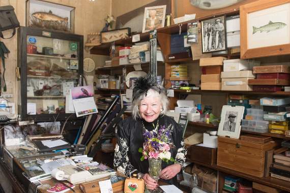 Jean Williams in her Sweets fishing tackle shop in Usk