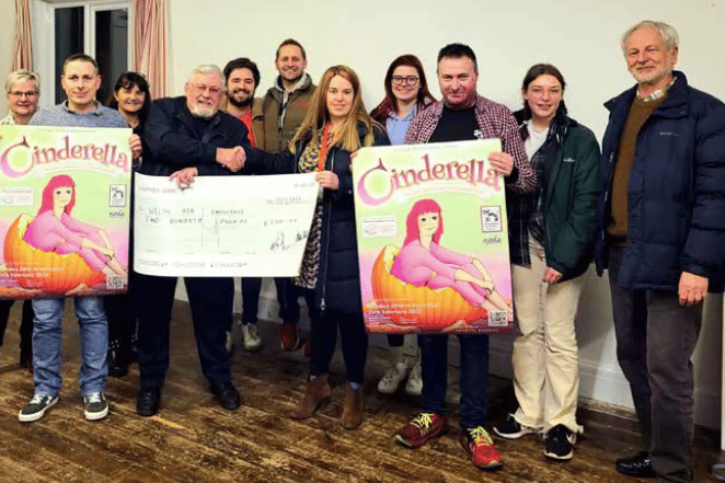 The Cinderella cast with Laura Coyne, Community Fundraiser from Wales Air Ambulance