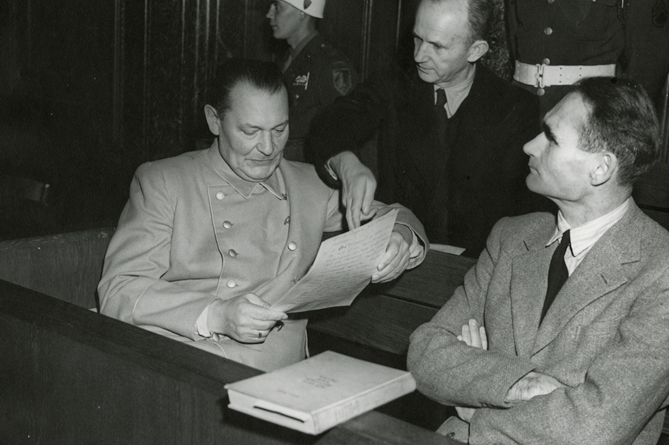 Rudolf Hess at Nuremburg with Goering and Doenitz