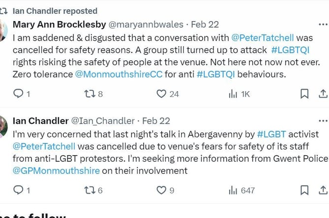 Posts, on X, from Monmouthshire council leader Mary Ann Brocklesby and cabinet member Ian Chandler criticising the protest in Abergavenny.