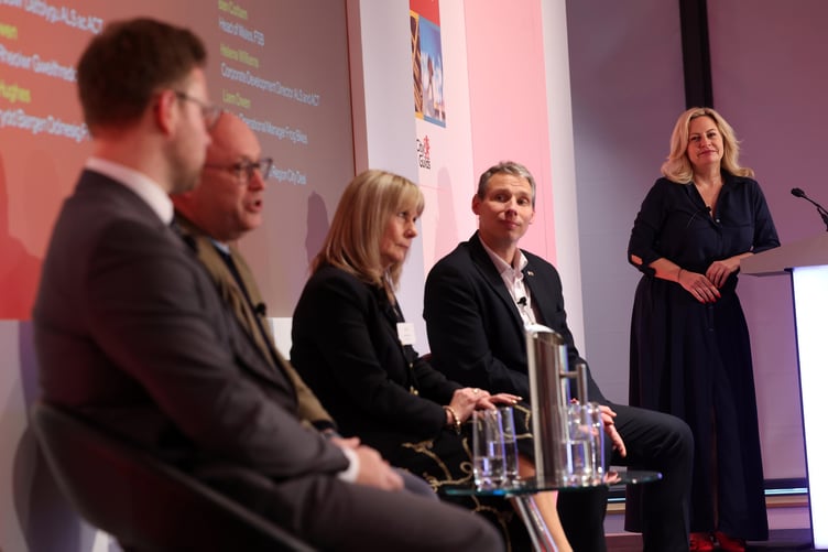 Panellists Ben Cottam, FSB Wales, Helena Williams, ALS and ACT, Leigh Hughes, Cardiff Capital Regional Skills Partnership (RSP) chair and Liam Owen, Frog Bikes, with NTFW strategic director Lisa Mytton.