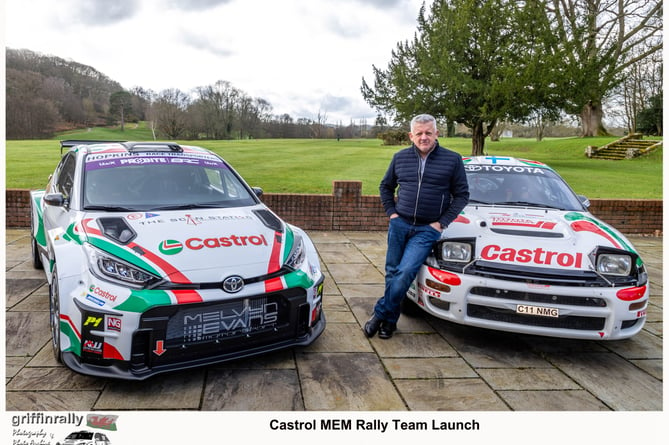 Former World championship co-driver Nicky Grist with the new Toyota Yaris Rally 2 and the Celica 185 that he and Juha Kankunen had so much success in. (Pic Paul Willetts)