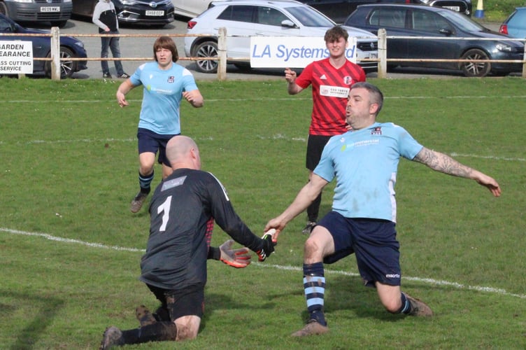 Goalmouth action in the Crickhowell v Cwmcarn game