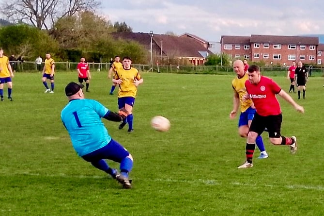 Goalmouth action from Mardy's 3-3 draw with Pentwynmawr.