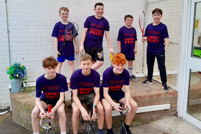 The Abergavenny Squash Club junior players at Rhiwbina: left to right, back row Will Phillips, Ethan Dudson, Harry George and Osian Francis. Front row Dylan Lewis, Joe Fairbank and Joe Foster. Photo: Abergavenny Squash Club