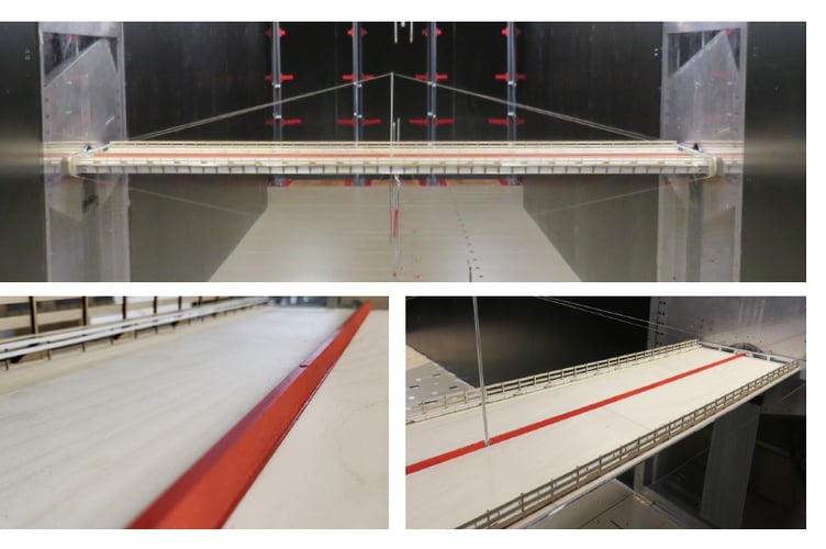 The model of the bridge is put under test conditions in a wind tunnel