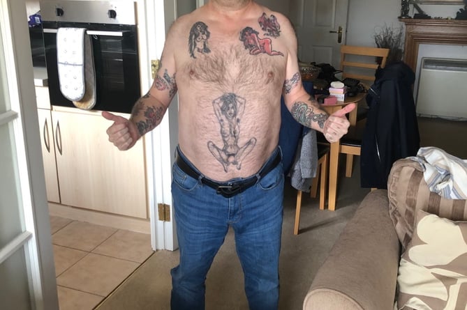 Richard Hart, 60, whose obscene tattoo nearly got him arrested by Spanish police. A man with a tattoo so obscene police ordered him to cover up or he'd be arrested says he has "no regrets". Richard Hart, 60, got his controversial ink on his which depicts a naked woman spreading her legs from his chest down to his midriff. Richard drew the design himself before taking it to a local tattoo parlour to have it etched onto his skin in a four-hour sitting, costing £55. Richard says his partner, Kay Ritchie, 66, isn't fazed by his graphic tattoo - which he had done for his 40th birthday in 2003 - but he does cover it up in front of his grandkids. 