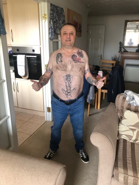 Richard Hart, 60, whose obscene tattoo nearly got him arrested by Spanish police. A man with a tattoo so obscene police ordered him to cover up or he'd be arrested says he has "no regrets". Richard Hart, 60, got his controversial ink on his which depicts a naked woman spreading her legs from his chest down to his midriff. Richard drew the design himself before taking it to a local tattoo parlour to have it etched onto his skin in a four-hour sitting, costing £55. Richard says his partner, Kay Ritchie, 66, isn't fazed by his graphic tattoo - which he had done for his 40th birthday in 2003 - but he does cover it up in front of his grandkids. 