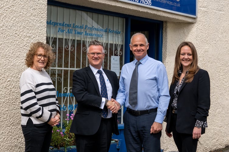 Valerie Barrett, Personal Insurance Advisor/Accounts Support, Paul Wadsworth, Managing Director of FR Ball Insurance, Martin Howell, Business Development Consultant, and Tracey Burns, Director, outside the offices of Howell Insurance Services at Llantwit Major.

Photo accreditation:  FR Ball Insurance.

