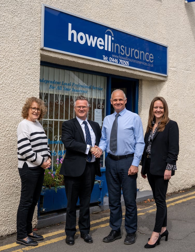 Valerie Barrett, Personal Insurance Advisor/Accounts Support, Paul Wadsworth, Managing Director of FR Ball Insurance, Martin Howell, Business Development Consultant, and Tracey Burns, Director, outside the offices of Howell Insurance Services at Llantwit Major.
Photo accreditation: FR Ball Insurance.