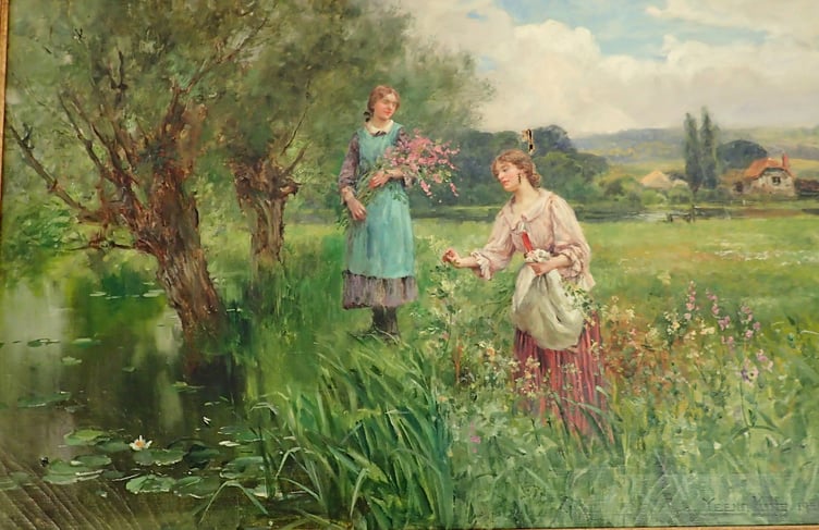 H J Yeend King - Oil Women Picking Flowers