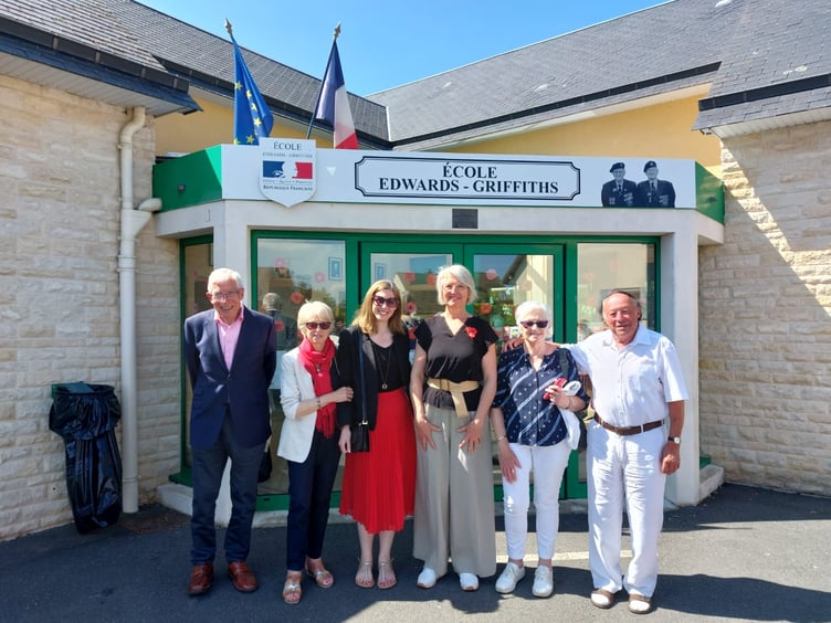Headteacher, Mme Caroline de Péchy (centre) and the former Mayor, Jean-Louis le Goff(far right) with members of Tom Griffiths’ family
