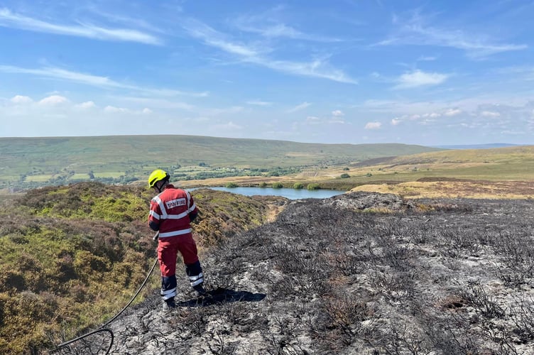 A firefighter surveys the damage