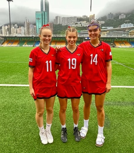 (From left) Zoe Cripwell. Freya Taylor and Florrie Taylor helped Wales U20s lacrosse team to seventh at the worlds. Photo: Haberdashers' Monmouth School