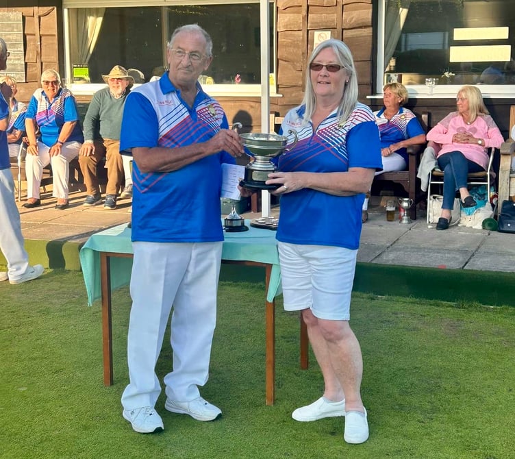 Abergavenny Bowls Club Ladies champion Sue Pritchard receives her trophy