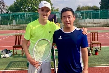 Max Swayne with singles opponent Kenny Lau. Photo: Usk Tennis Club
