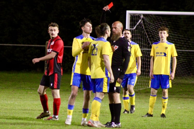 You're off son! Corries player Luke Roughly gets his marching orders