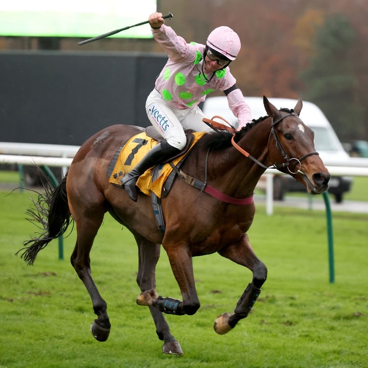 Charlie Deutsch salutes as Royale Pagaille takes the Betfair Chase for the second year running. Photo: Great British Racing