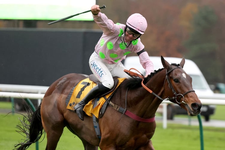 Charlie Deutsch salutes as Royale Pagaille takes the Betfair Chase for the second year running. Photo: Great British Racing