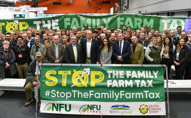 NFU President Tom Bradshaw and delegates at Lamma Show, NEC, Birmingham, United Kingdom on Wednesday, January 15, 2025. Lamma delegates showing support for the Stop The Family Farm Tax campaign.
Credit: Simon Hadley / NFU
15/01/2025
