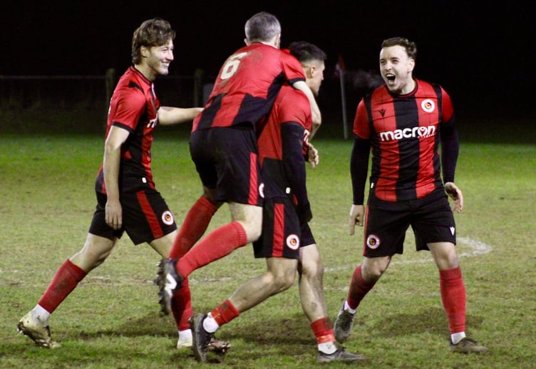 Goytre players celebrate Jamie Bird's goal