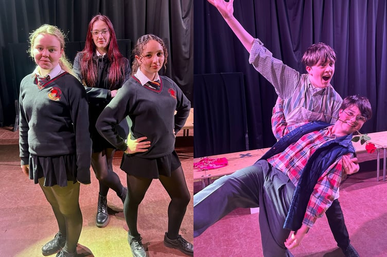 Ronnette (Grace Livsey), Crystal (Olivia-May Williams) and Chiffon (Georgia Carr) alongside Seymour and Mr Mushnik