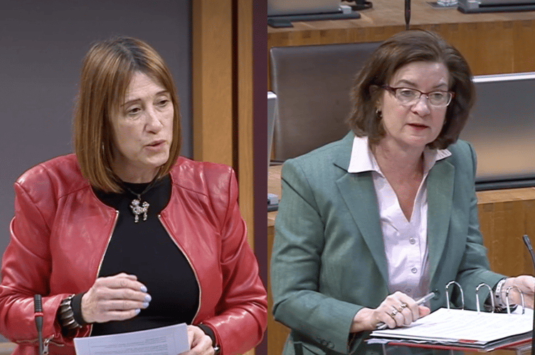 Jane Dodds MS (left) presses Eluned Morgan MS (right)