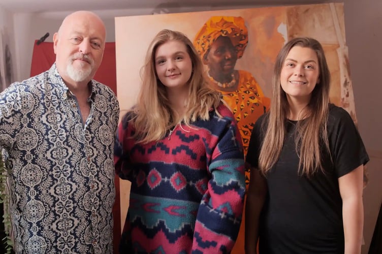 Bill Bailey, Oriane and Clare with another of the Monmouth-raised painter's artworks