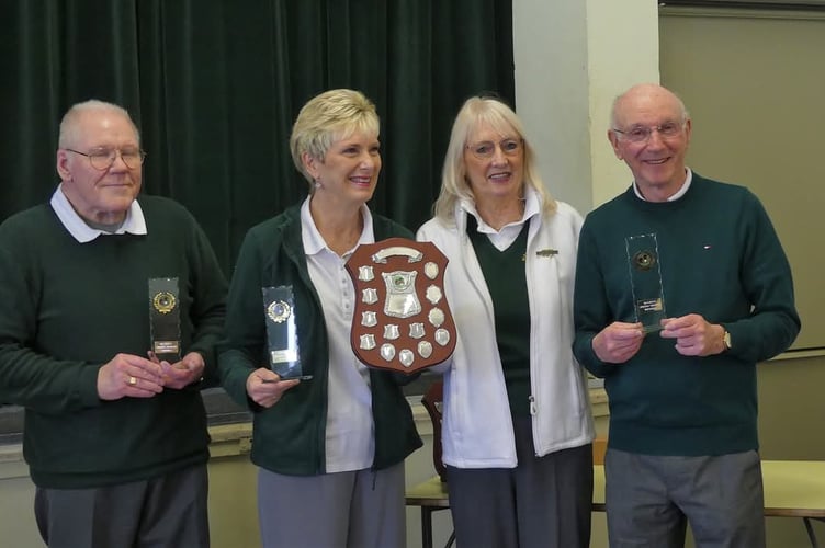 Spring Triples Champions, Magor 1. L-R:- Dave Curtis, Kath Wilson, Philomena Vaughan (Chair), Terry Meredith