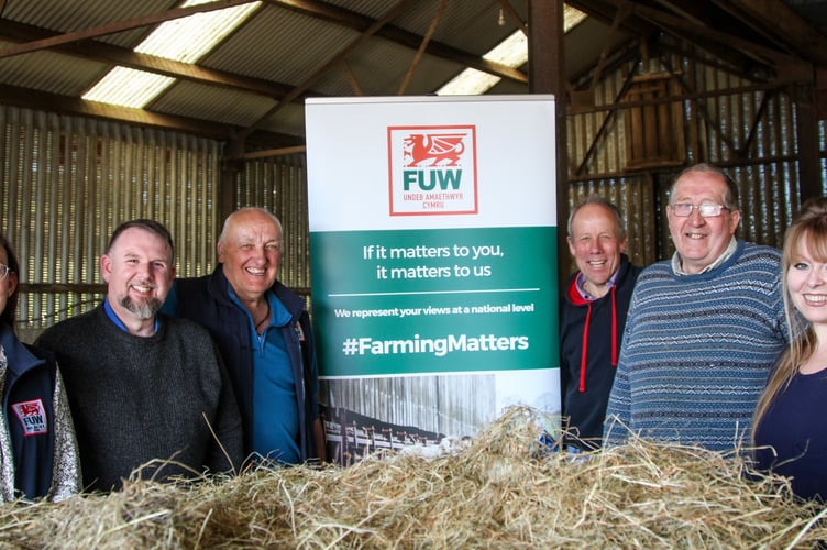 (Left to Right) FUW Policy Officer, Gemma Haines, Peredur Owen Griffiths MS, FUW Regional Vice President Brian Bowen, FUW President Ian Rickman, FUW Gwent Chair, Wayne Langford, Delyth Jewell MS
