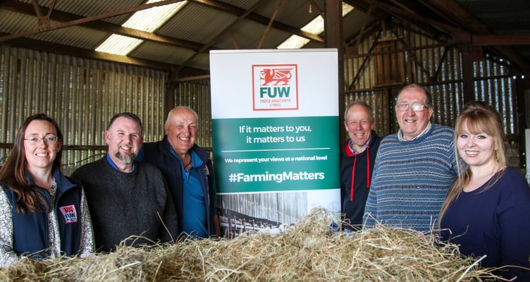(Left to Right) FUW Policy Officer, Gemma Haines, Peredur Owen Griffiths MS, FUW Regional Vice President Brian Bowen, FUW President Ian Rickman, FUW Gwent Chair, Wayne Langford, Delyth Jewell MS