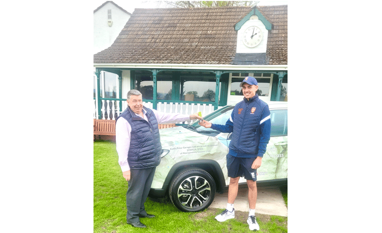 David Gait from Keith Price handing the keys to a sponsored loan car to Abergavenny CC's Josh Spies