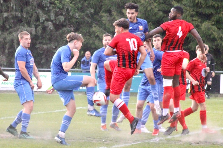 Goalmouth action in the Abergavenny v Treharris match