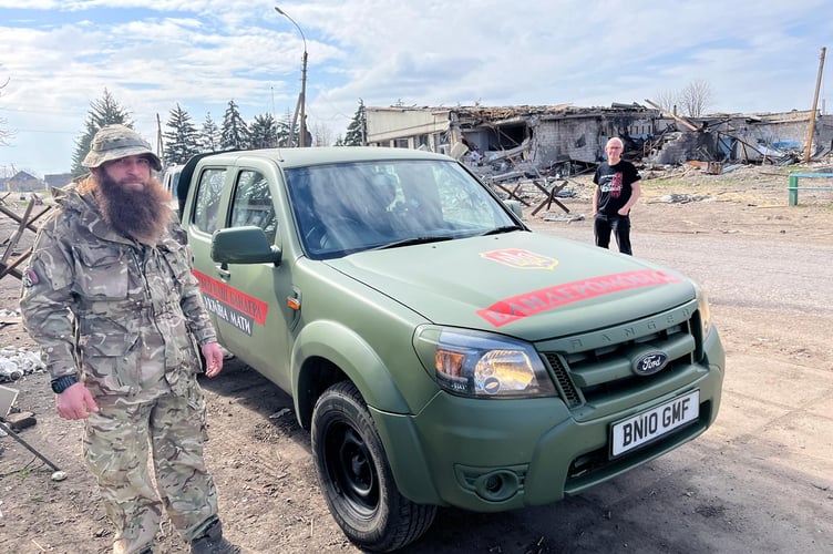 The donated pickup truck delivered to Ukraine by Ashley and son James, from Abergavenny, is now being used on the front line