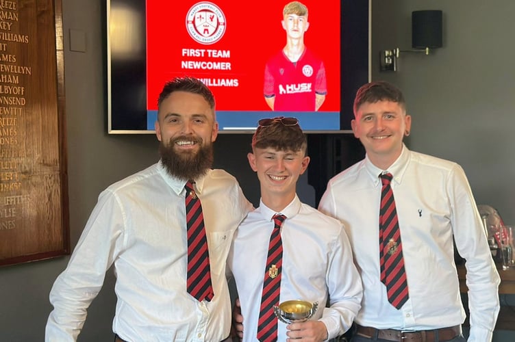 Matthew Wham and Owen Vaughan with Mardy 1st Team Best Newcomer Jack Williams