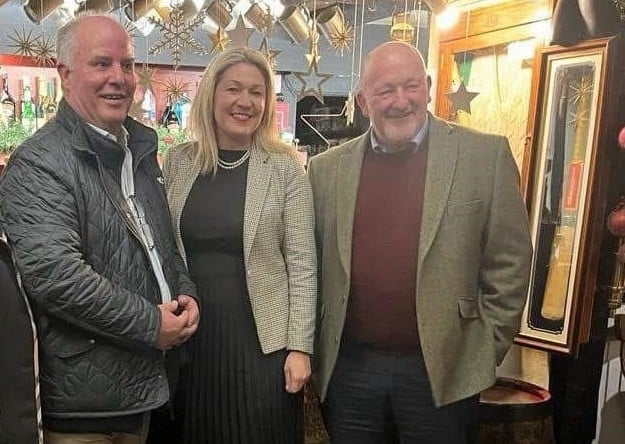 Laura Anne Jones (centre), was joined by Andrew RT Davies (left) and Peter Fox at the Nag's Head, Usk.