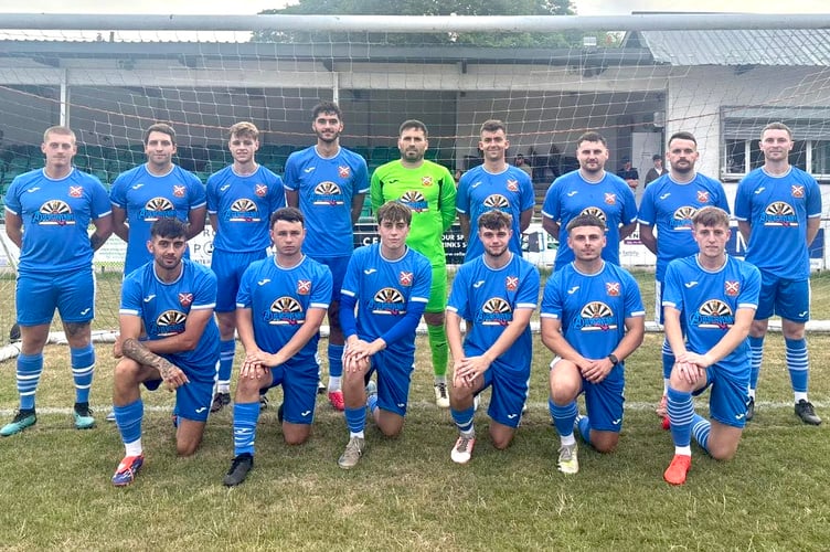 Abergavenny Town FC in their new kit sponsored by Abergavenny Round Table
