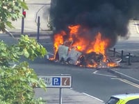 Emergency services battle vehicle fire in middle of Abergavenny