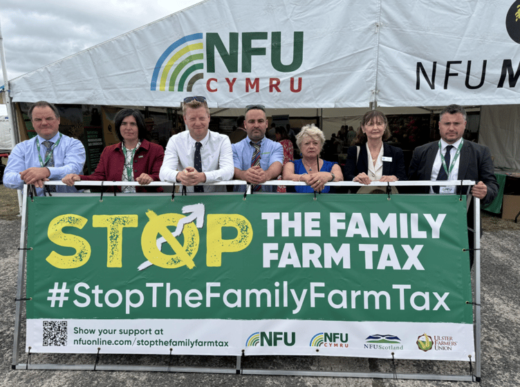 NFU Cymru Pembrokeshire County Chairman Maarten Davies; NFU Cymru Deputy President Abi Reader; NFU Cymru Crops Group Chairman Tom Rees; Carwyn Evans of RIVERLEA; Pembrokeshire dairy farmer Janet Cornock; Sian Bushell of Pembrokeshire Agricultural Society; and NFU Cymru County Adviser Aled Davies