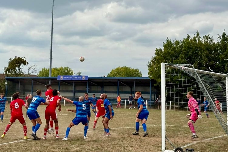 Goalmouth action from the Caldicot v Abergavenny Welsh Cup clash