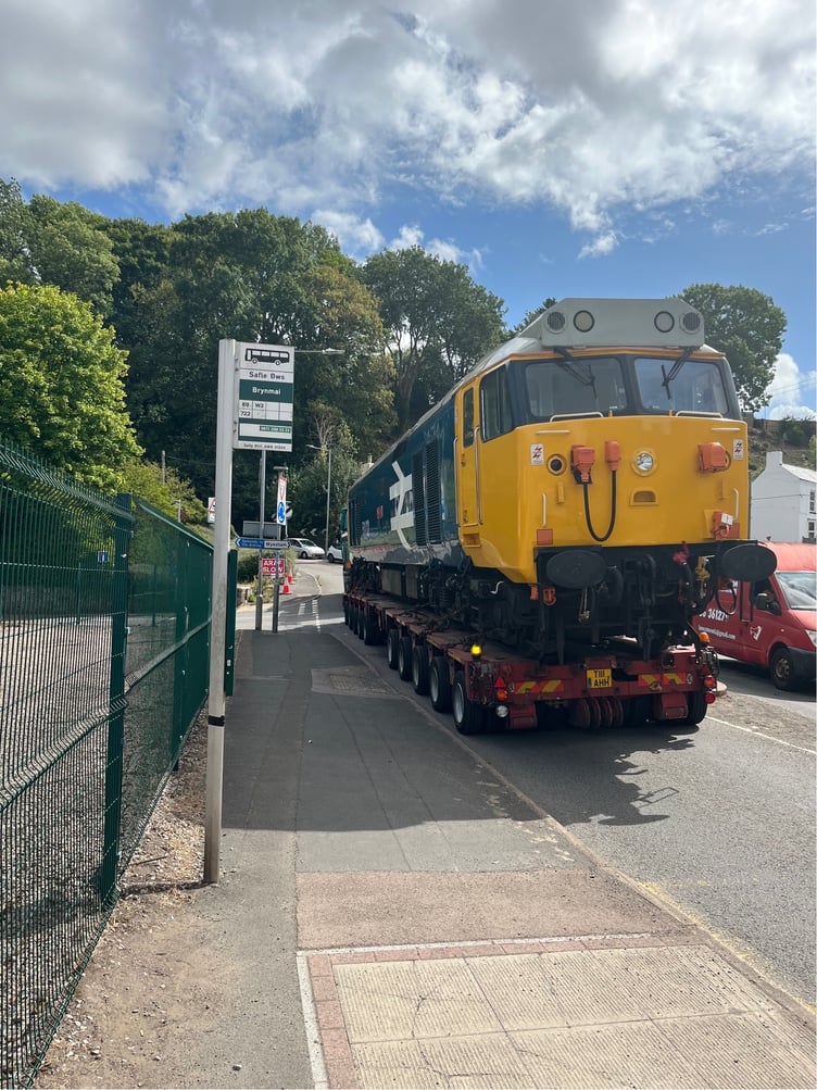 The loco at the bus stop at Hadnock Road Roundabout in Monmouth
