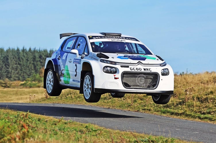 Damian Cole and Paul Spooner on their way to victory in the Citroën C3 Rally2 in the Mewla Rally