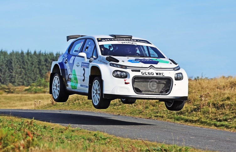 Damian Cole and Paul Spooner on their way to victory in the Citroën C3 Rally2 in the Mewla Rally
