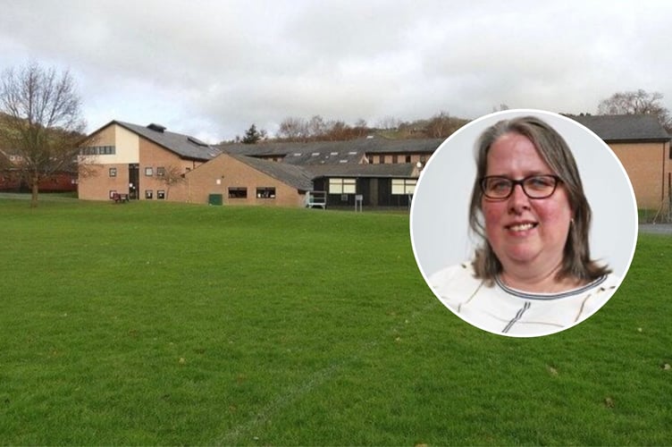 Inset is Cllr Claire Hall. Behind is Crickhowell High School - more than 2,000 people have signed a petition against the potential closure of its sixth form