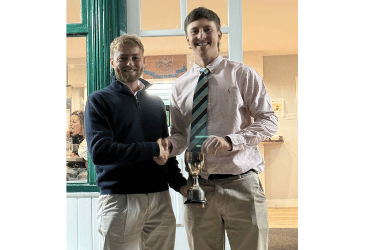 Morgan Bevans, right, receives the Abergavenny CC 1st XI Player of the Year award from skipper Sam Clarke