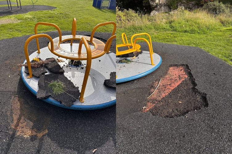 The damaged section of flooring at Castle Park play area