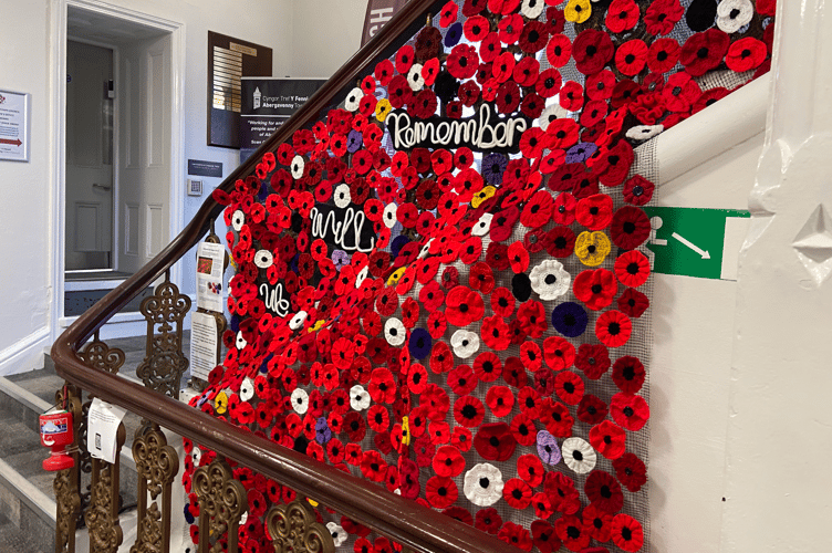 The poppy cascade made entirely by the local Yarnies Group in Abergavenny Town Hall