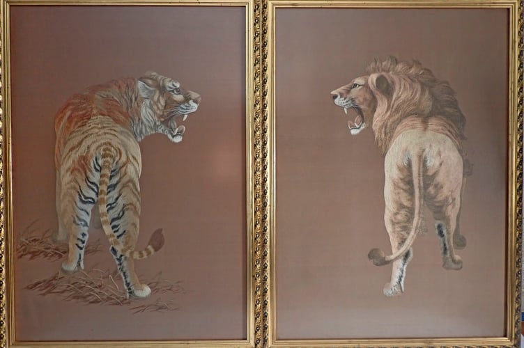 Large Chinese Embroidered Pictures of Lion and Tiger
