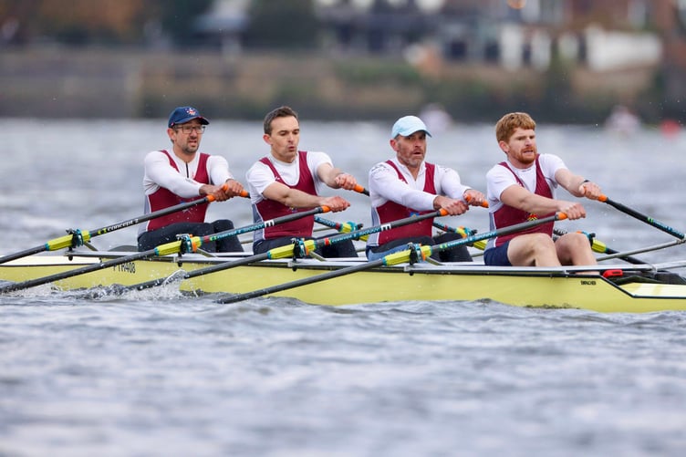 The Monmouth masters quadruple scull on their way to sixth overall and class victory in the national Veteran Fours Head in London