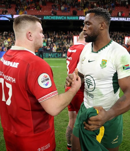 Springboks skipper Siya Kolisi commiserates with Wales debutant Danny Southworth